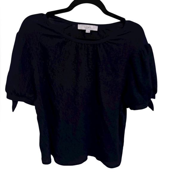 Loft Navy Blue Top with Textured Fabric and Bow Accents on the sleeves. EUC - Picture 2 of 5